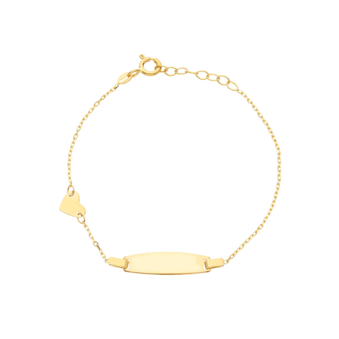 Bracciale Neonato in Oro Giallo 750 a Maglia Rolo’ Allungata con Piastrina e Cuoricino