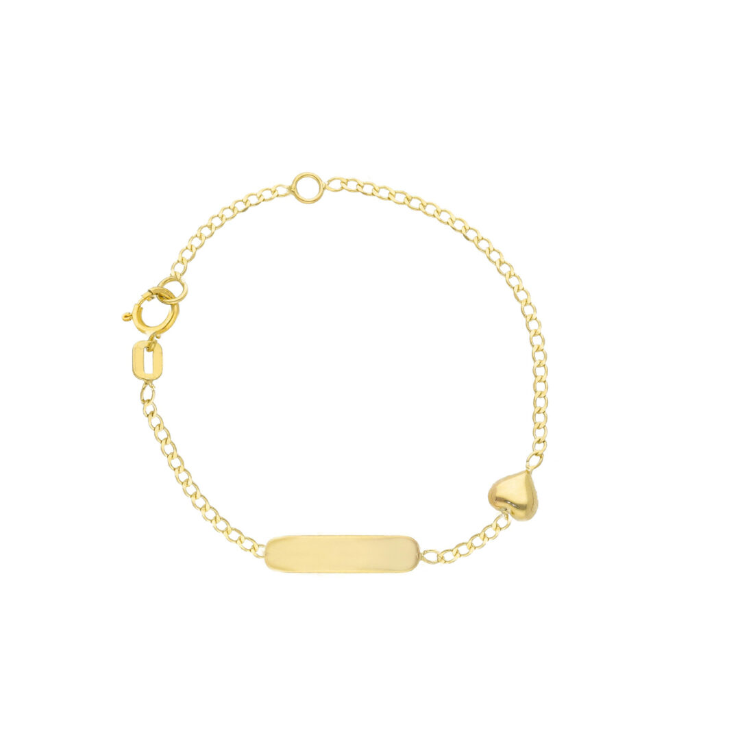 Bracciale Neonato in Oro Giallo 750 a Maglia Groumette con Piastrina e Cuore