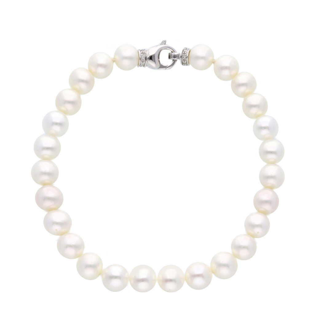 Bracciale Con Perle Bianche Fresh Water, Diamanti e Oro Bianco 750