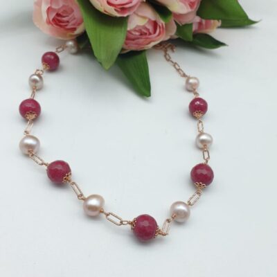 Collana Girocollo In Argento Rosa con Quarzo Cherry e Perle d’acqua Dolce