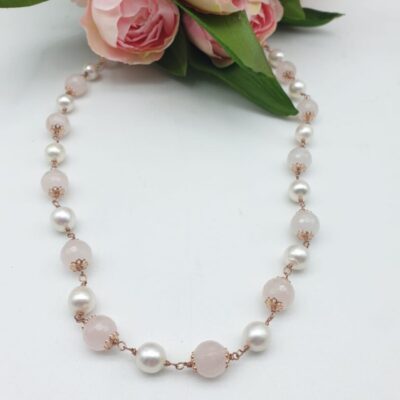 Collana Girocollo In Argento Rosa con Quarzo Rosa e Perle d’acqua Dolce