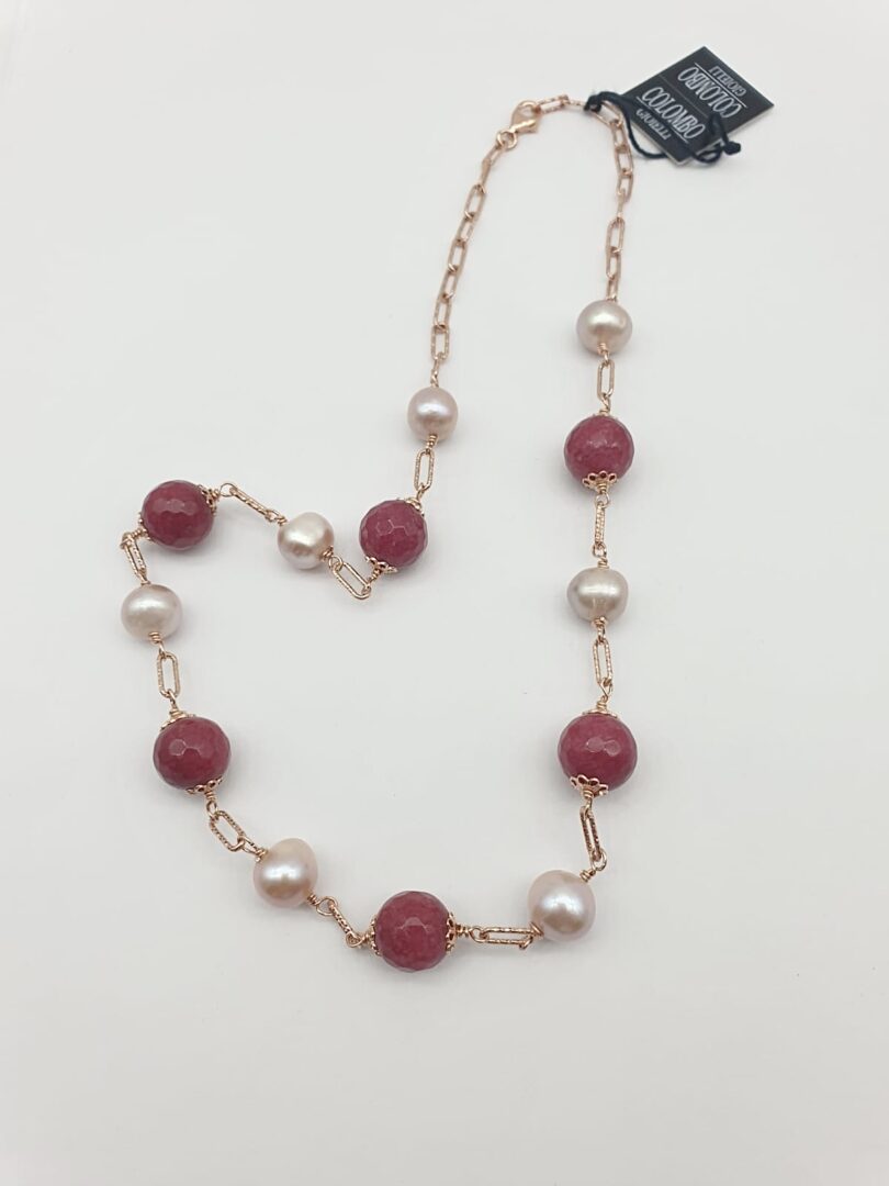 Collana Girocollo In Argento Rosa con Quarzo Cherry e Perle d’acqua Dolce - immagine 2