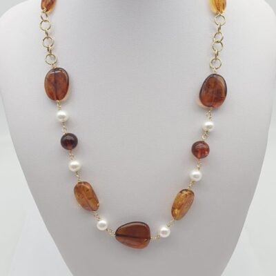Collana Lunga In Argento Dorato con Ambra e Perle d’acqua Dolce
