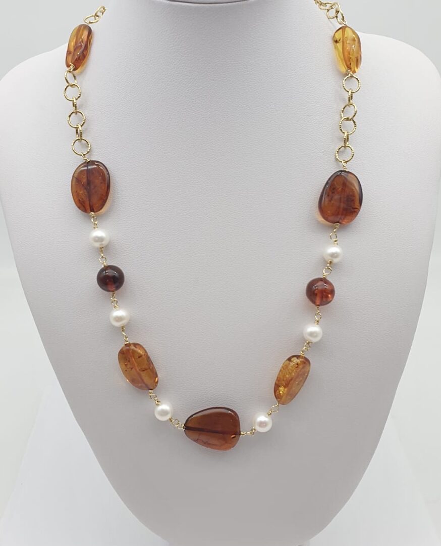 Collana Lunga In Argento Dorato con Ambra e Perle d’acqua Dolce
