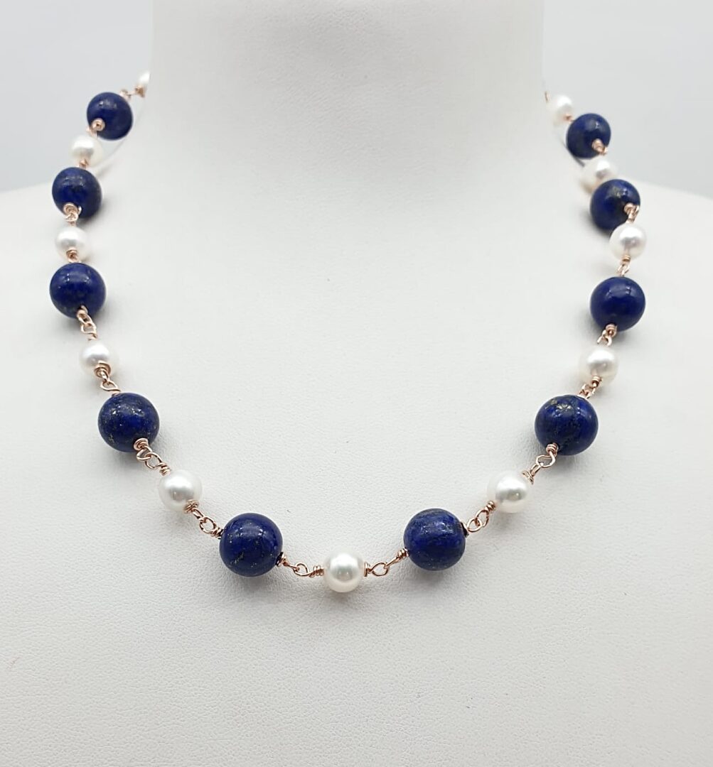 Collana Girocollo In Argento Rosa con Lapis e Perle d’acqua Dolce - immagine 3