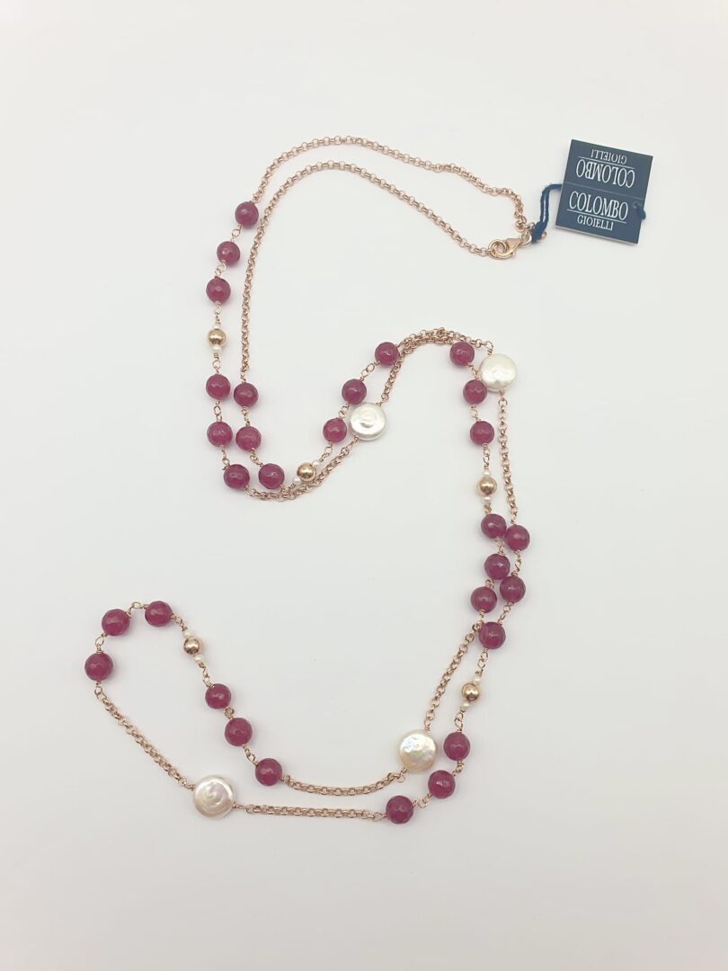 Collana Lunga In Argento Rosa con Agata Ruby e Perle d’Acqua Dolce - immagine 3
