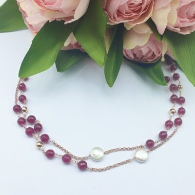 Collana Lunga In Argento Rosa con Agata Ruby e Perle d’Acqua Dolce