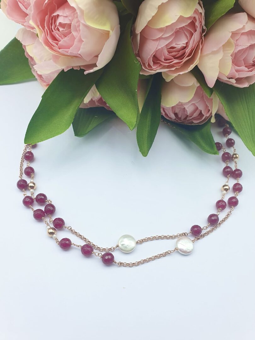 Collana Lunga In Argento Rosa con Agata Ruby e Perle d’Acqua Dolce