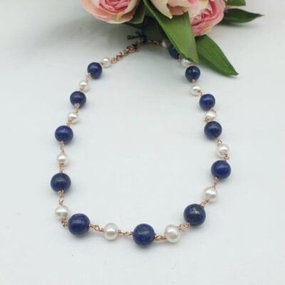 Collana Girocollo In Argento Rosa con Lapis e Perle d’acqua Dolce