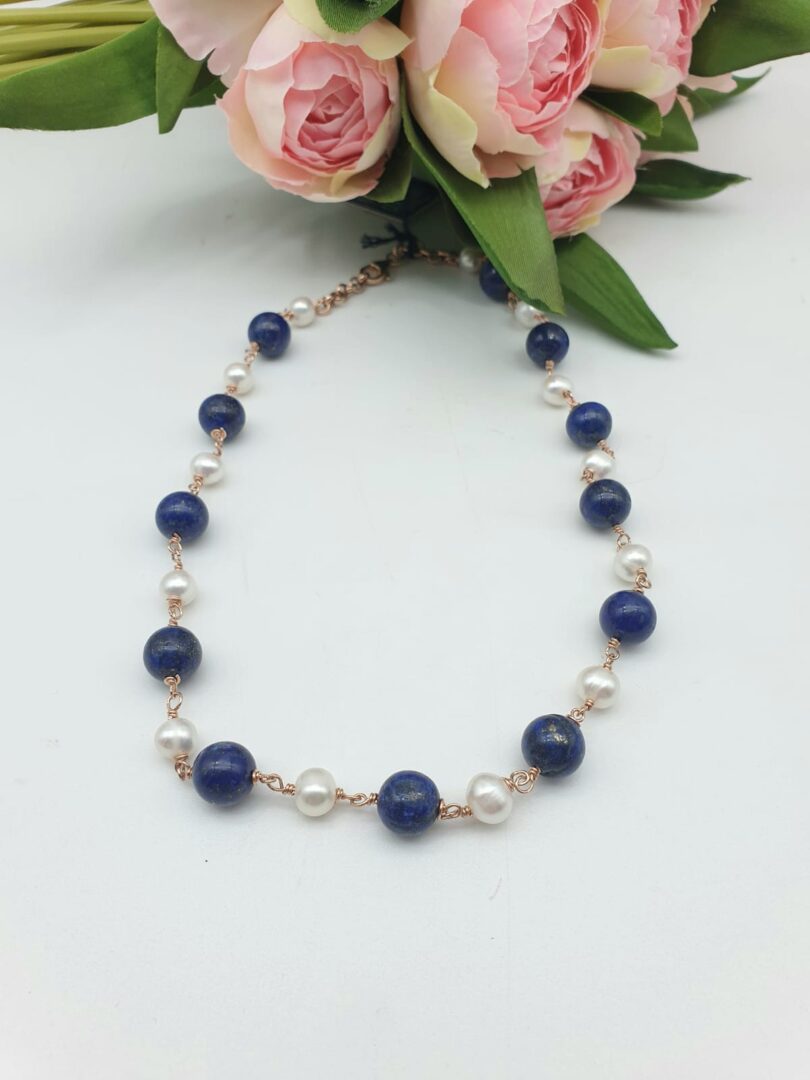 Collana Girocollo In Argento Rosa con Lapis e Perle d’acqua Dolce
