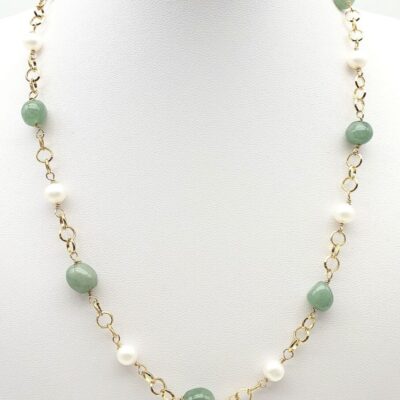 Collana Girocollo In Argento Dorato con Avventurina e Perle d’acqua Dolce