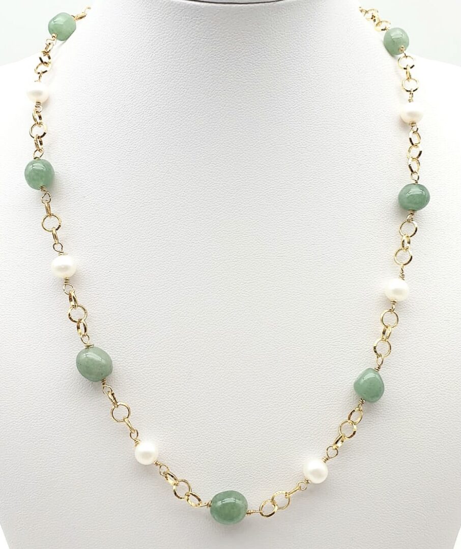 Collana Girocollo In Argento Dorato con Avventurina e Perle d’acqua Dolce