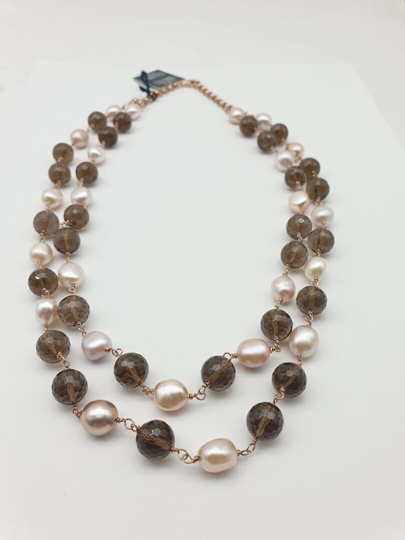Collana Girocollo In Argento Rosa con Quarzo Fume’ e Perle d’acqua Dolce - immagine 2