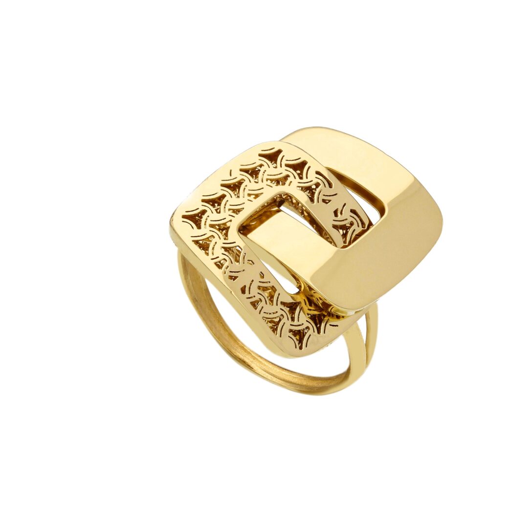 Anello Donna In Oro Giallo e 750 con Motivo due Quadrati