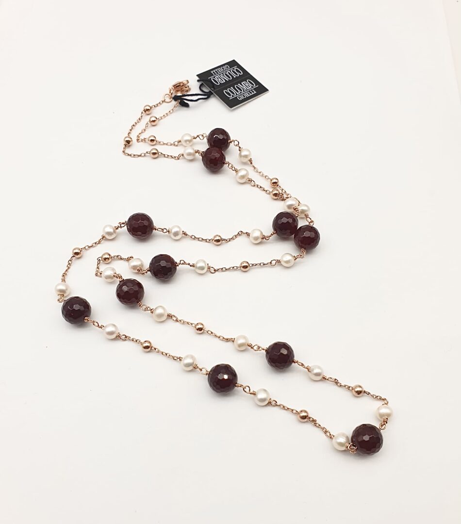 Collana Lunga In Argento Rosa con Agata Ruby e Perle d’acqua Dolce - immagine 2