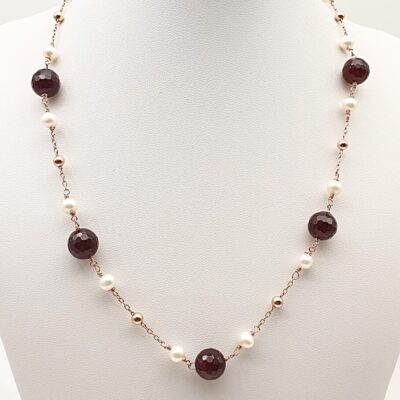 Collana Lunga In Argento Rosa con Agata Ruby e Perle d’acqua Dolce