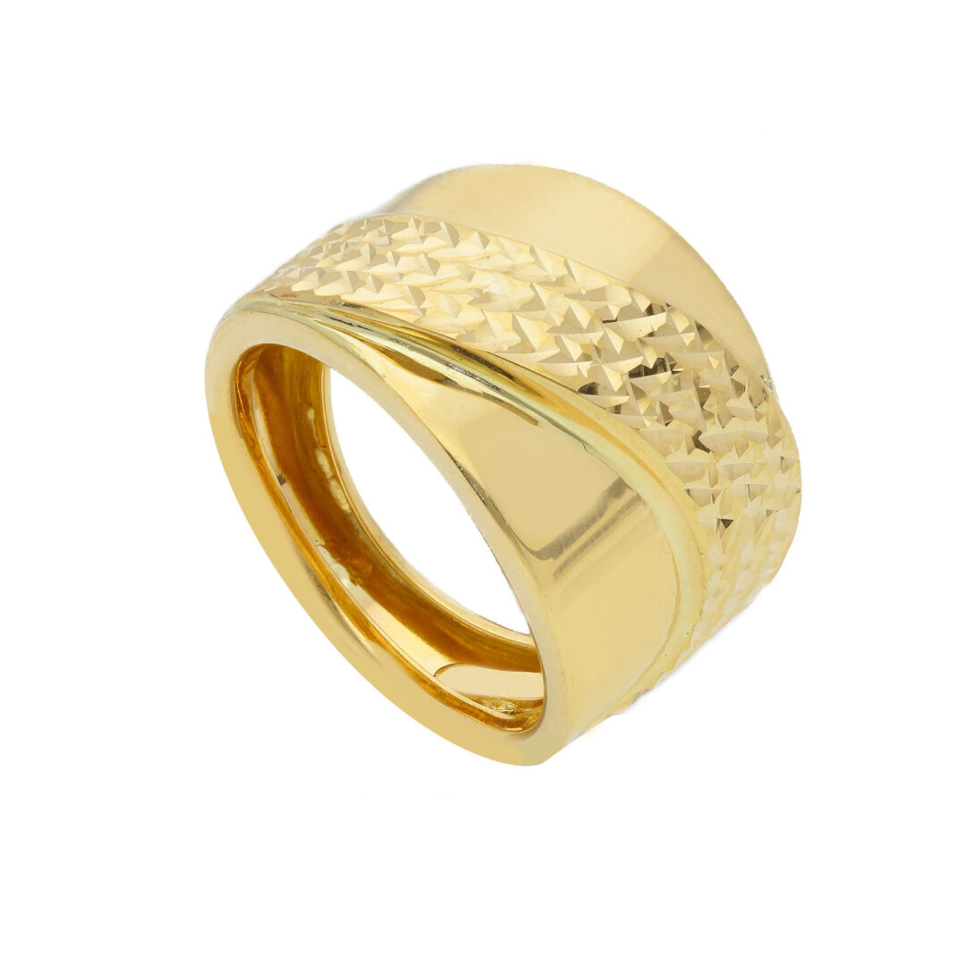 Anello Donna In Oro Giallo e 750 a Fascia Lucida con Inserto Lavorato