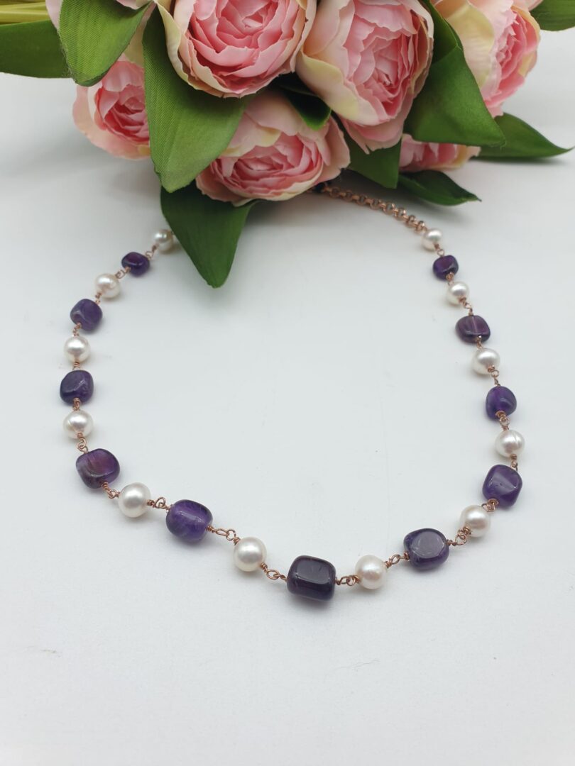 Collana Girocollo In Argento Rosa con Ametista e Perle d’acqua Dolce