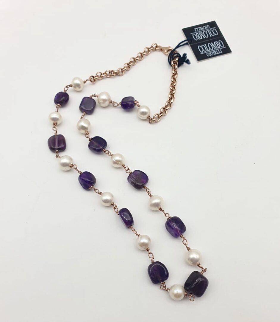 Collana Girocollo In Argento Rosa con Ametista e Perle d’acqua Dolce - immagine 2