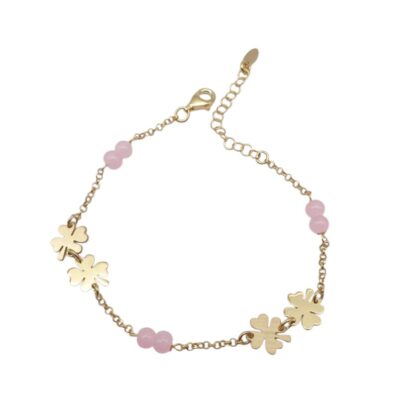 Bracciale Donna in Argento Dorato 925 con Quadrifogli e Quarzo Rosa