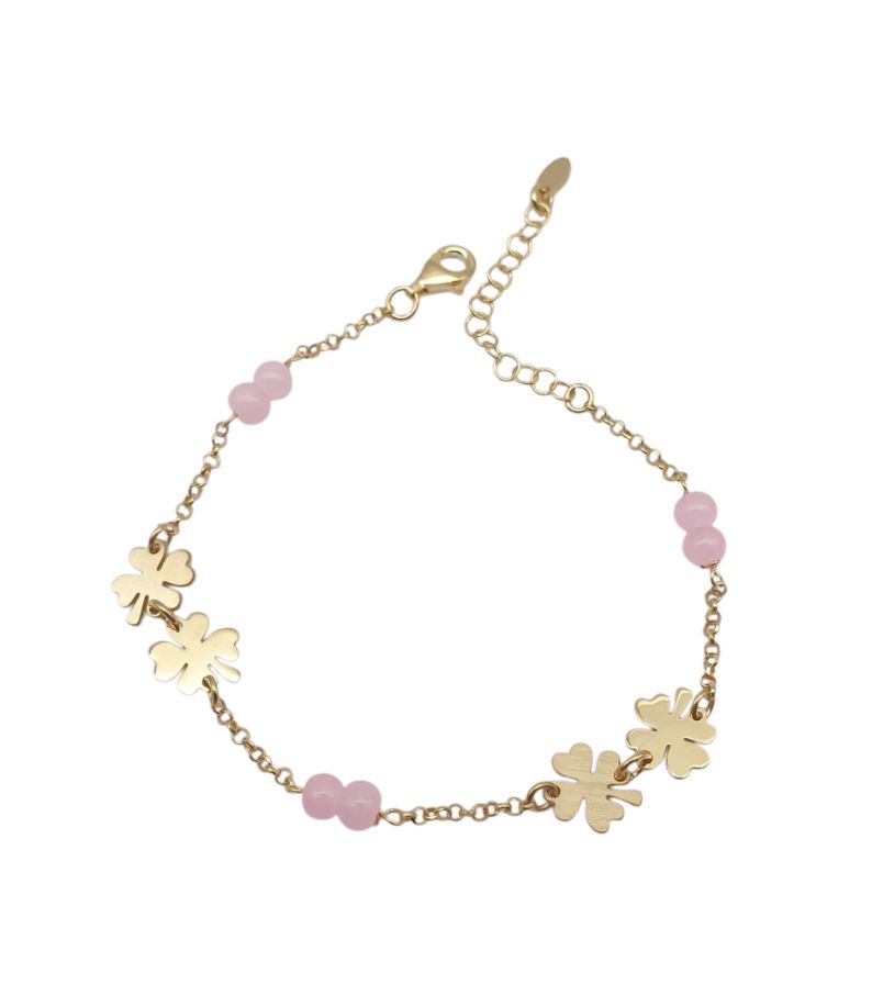 Bracciale Donna in Argento Dorato 925 con Quadrifogli e Quarzo Rosa