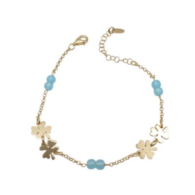 Bracciale Donna in Argento Dorato 925 con Quadrifogli e Quarzo Azzurro
