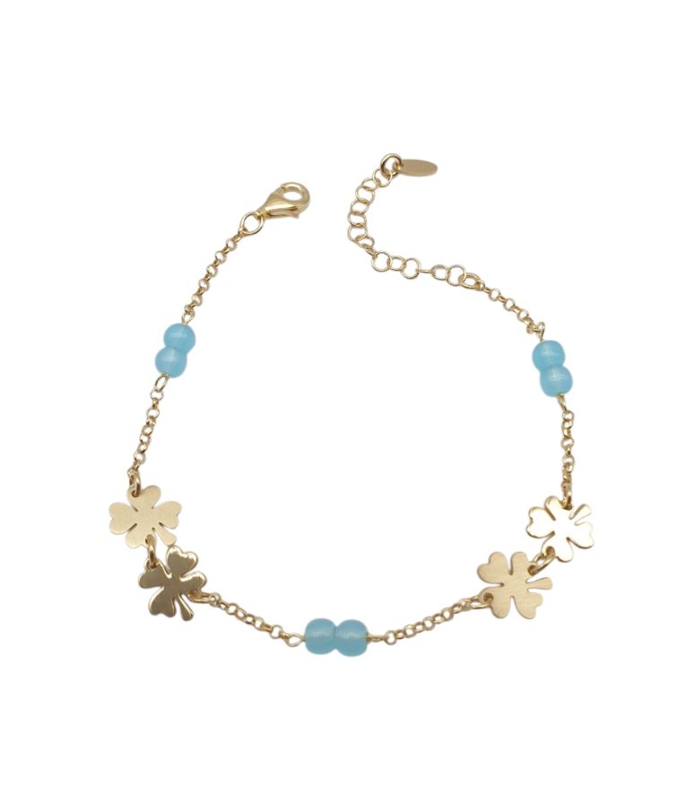 Bracciale Donna in Argento Dorato 925 con Quadrifogli e Quarzo Azzurro