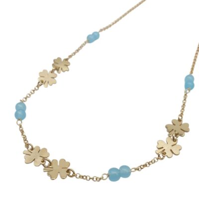 Girocollo Donna In Argento Dorato 925 con Quadrifogli e Quarzo Azzurro