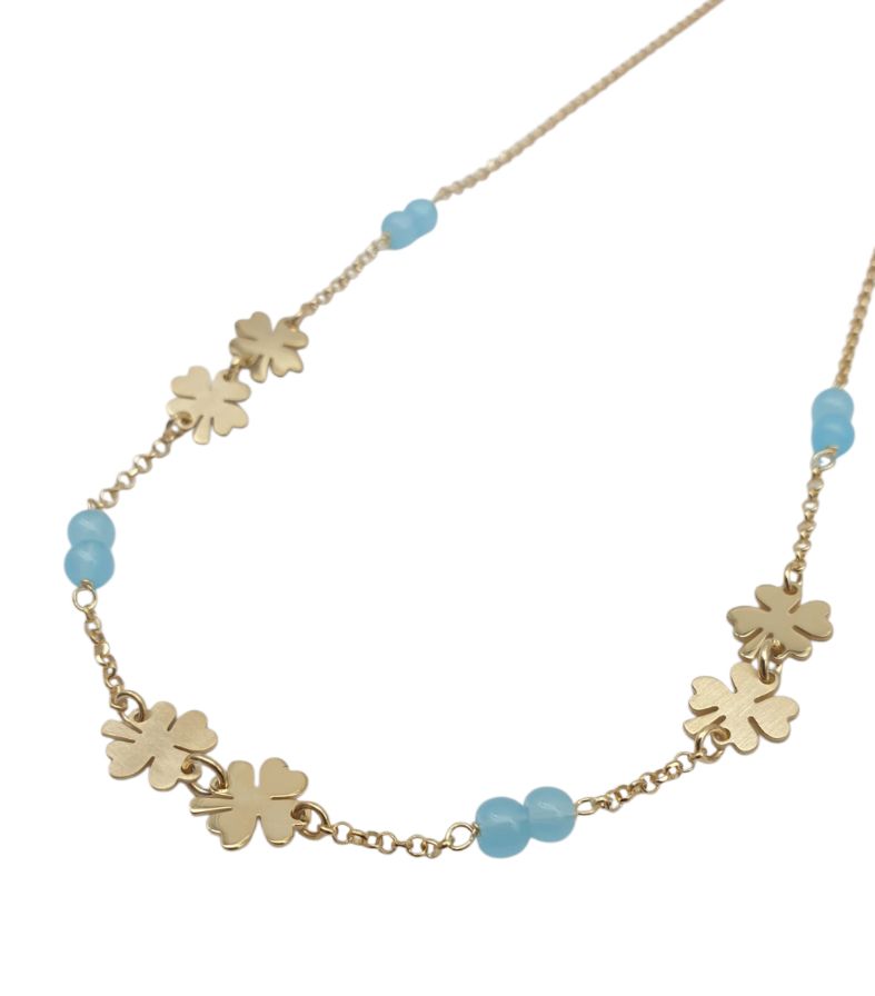 Girocollo Donna In Argento Dorato 925 con Quadrifogli e Quarzo Azzurro