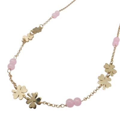 Girocollo Donna In Argento Dorato 925 con Quadrifogli e Quarzo Rosa