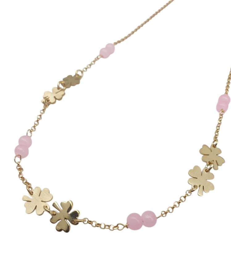 Girocollo Donna In Argento Dorato 925 con Quadrifogli e Quarzo Rosa