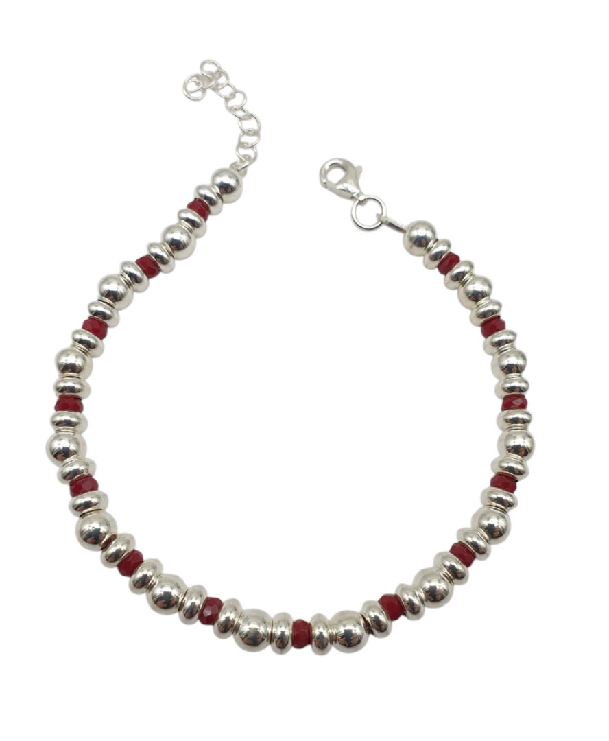 Bracciale Donna in Argento 925 con Palline Lisce e Agata Rossa