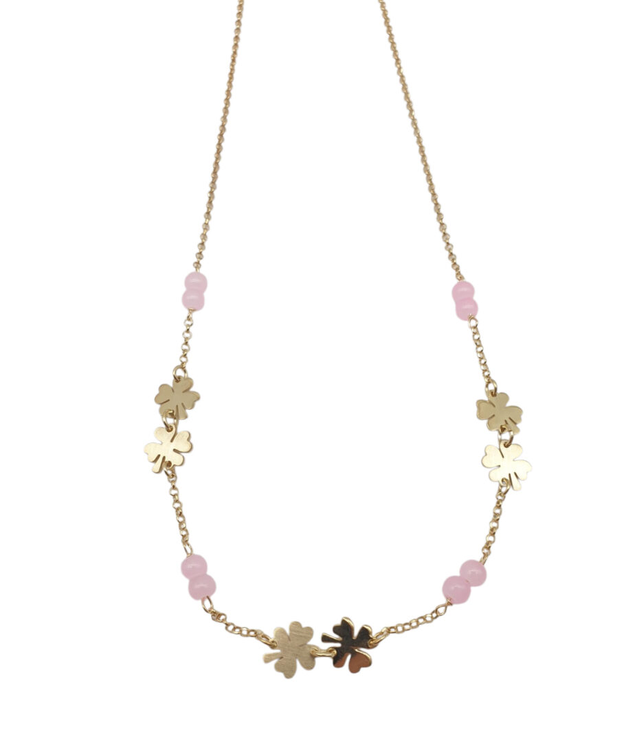 Girocollo Donna In Argento Dorato 925 con Quadrifogli e Quarzo Rosa - immagine 2