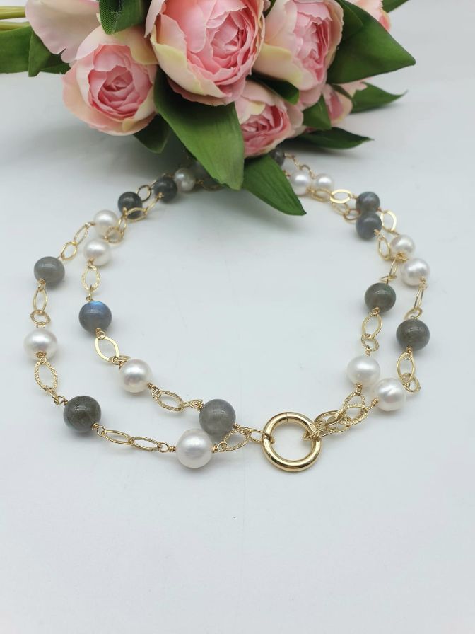 Collana Lunga In Argento Dorato con Labradorite e Perle d’acqua Dolce