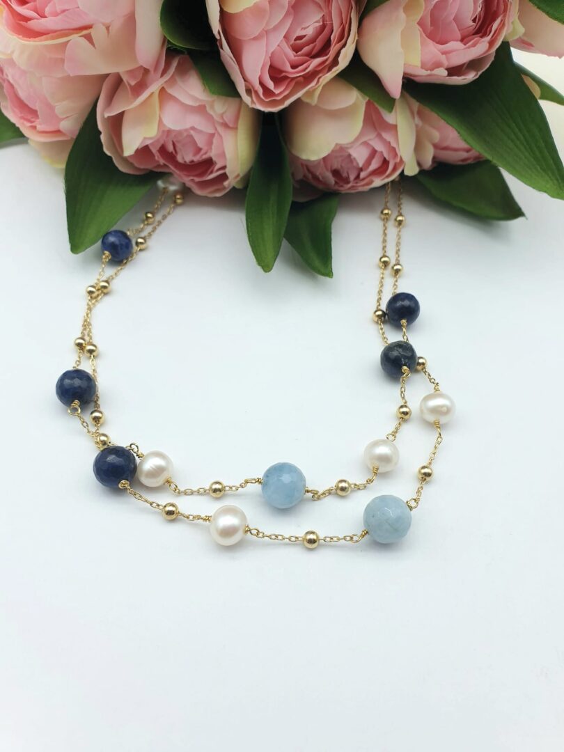 Collana Lunga In Argento Dorato con Sodalite Blu, Acquamarina e Perle d’acqua Dolce