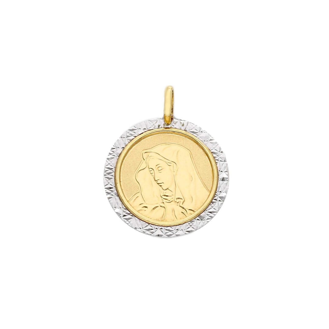 Medaglia Tonda con Madonna in Oro Giallo e Bianco 750