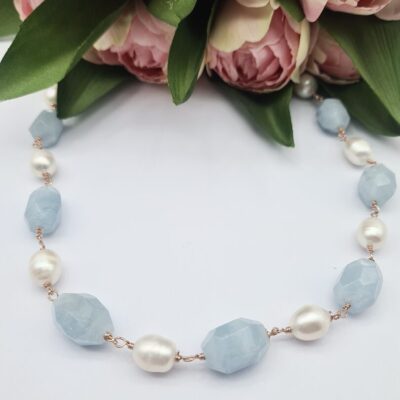 Collana Girocollo In Argento Rosa Con Acquamarina e Perle d’acqua Dolce