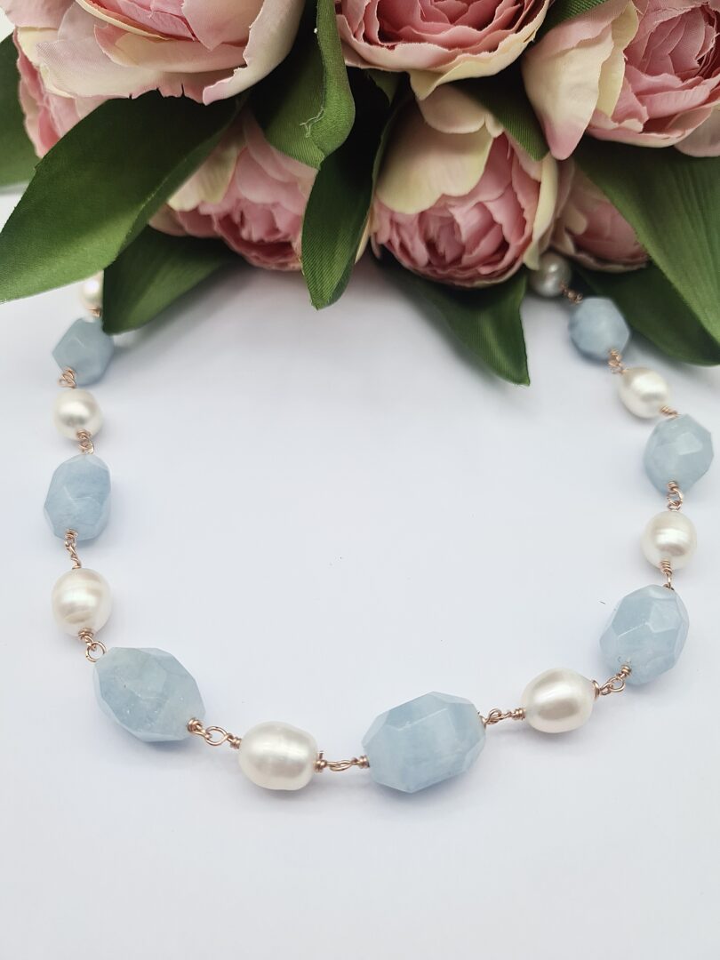 Collana Girocollo In Argento Rosa Con Acquamarina e Perle d’acqua Dolce