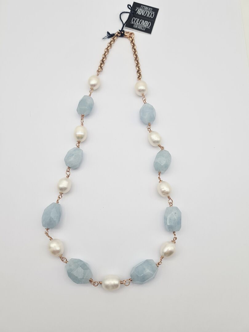 Collana Girocollo In Argento Rosa Con Acquamarina e Perle d’acqua Dolce - immagine 2