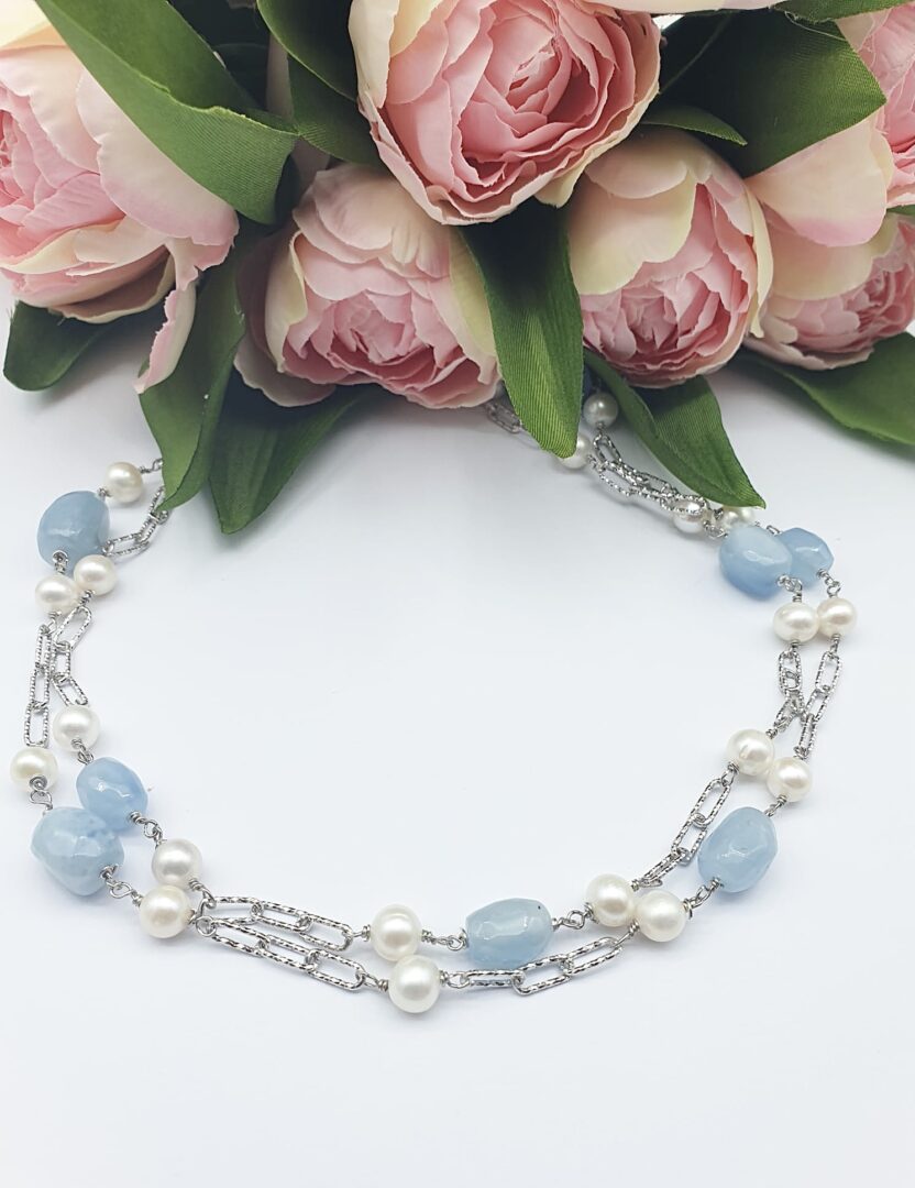 Collana Lunga In Argento Rodiato Con Acquamarina e Perle d’Acqua Dolce