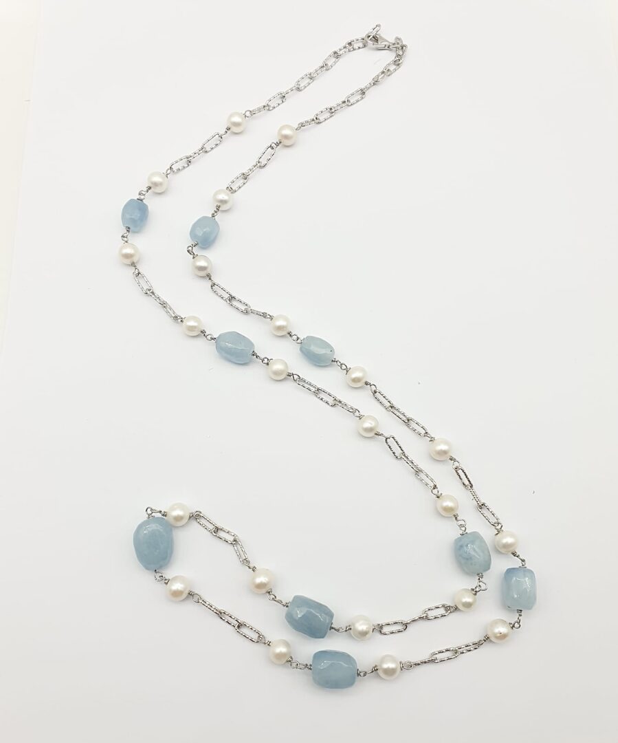 Collana Lunga In Argento Rodiato Con Acquamarina e Perle d’Acqua Dolce - immagine 2