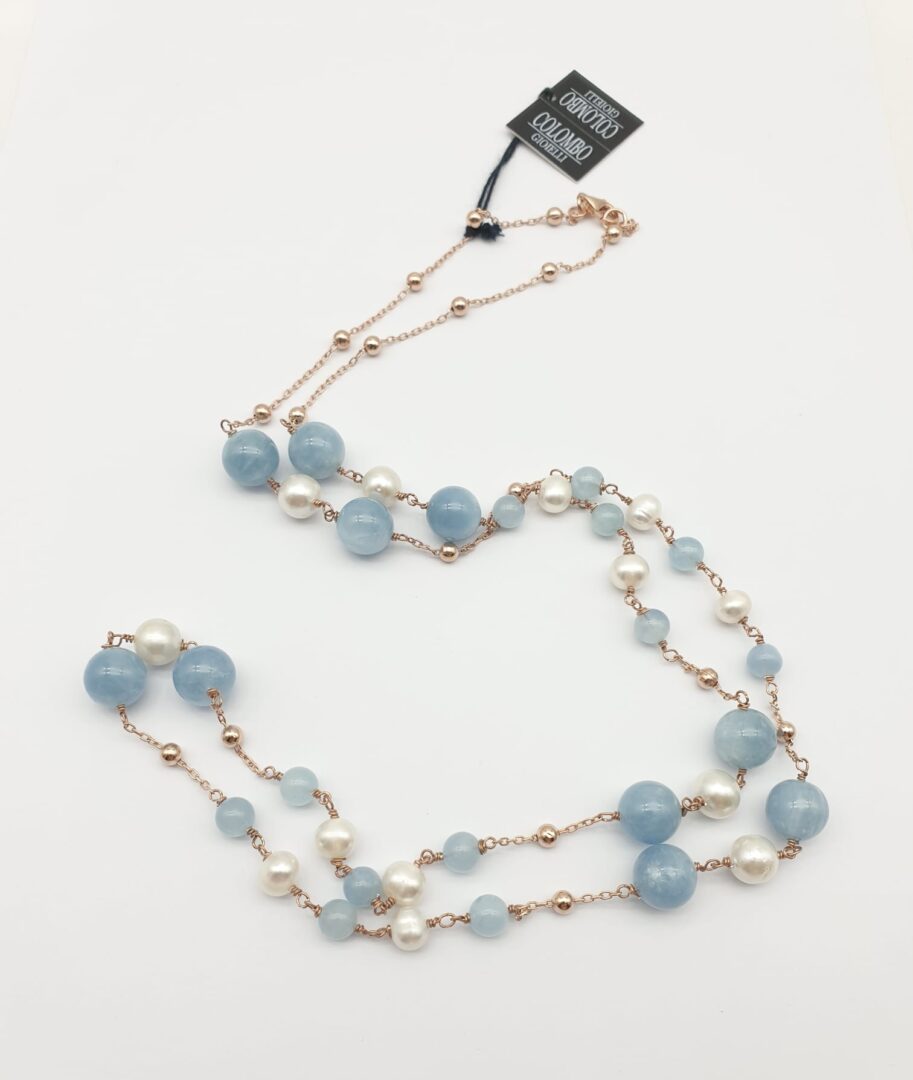 Collana Lunga In Argento Rosa Con Acquamarina e Perle d’Acqua Dolce - immagine 3