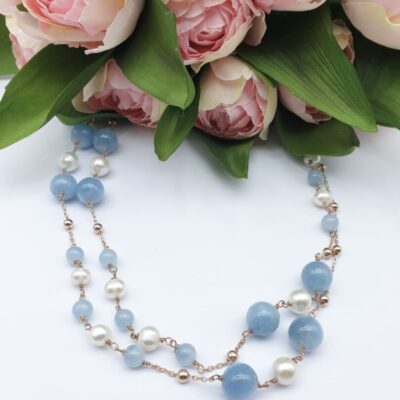 Collana Lunga In Argento Rosa Con Acquamarina e Perle d’Acqua Dolce