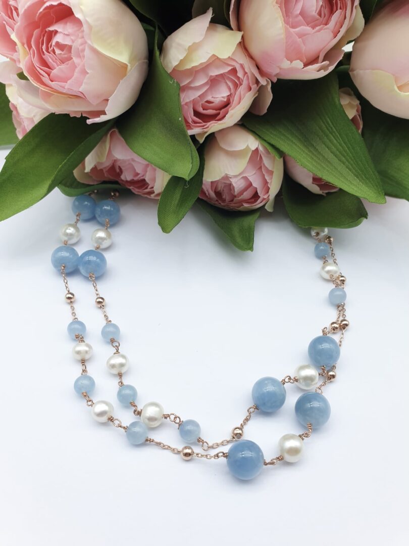 Collana Lunga In Argento Rosa Con Acquamarina e Perle d’Acqua Dolce