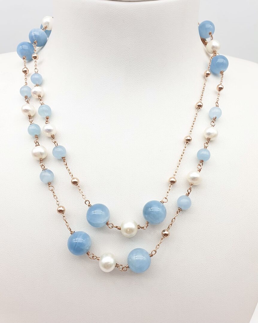 Collana Lunga In Argento Rosa Con Acquamarina e Perle d’Acqua Dolce - immagine 2