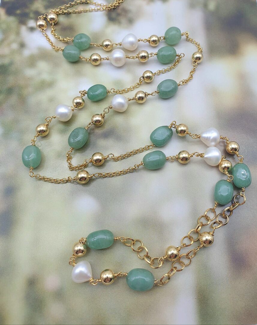 Collana Lunga In Argento Dorato con Avventurina Verde e Perle d’acqua Dolce - immagine 4