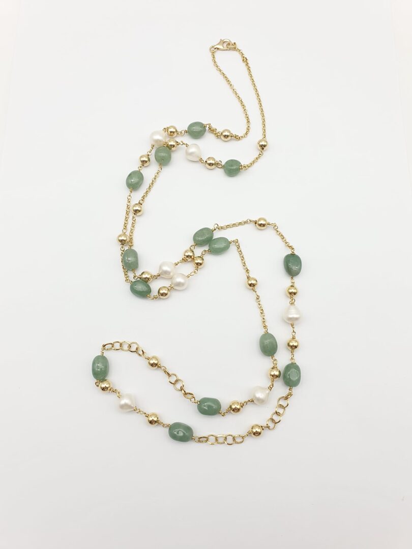 Collana Lunga In Argento Dorato con Avventurina Verde e Perle d’acqua Dolce - immagine 2