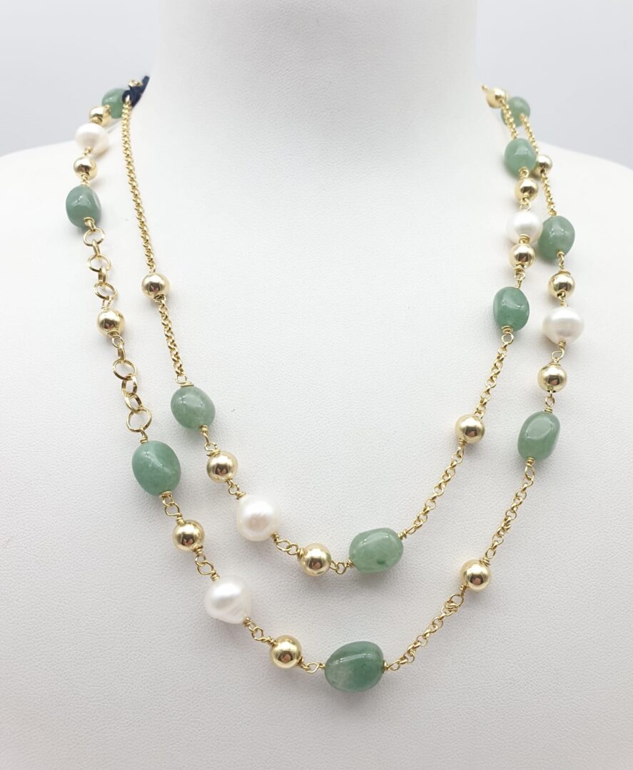 Collana Lunga In Argento Dorato con Avventurina Verde e Perle d’acqua Dolce - immagine 3