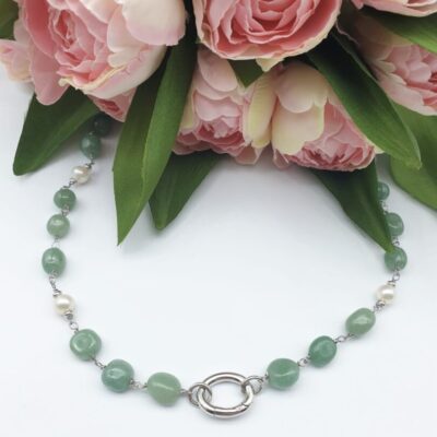 Collana Girocollo In Argento Rodiato con Avventurina Verde e Perle d’acqua Dolce