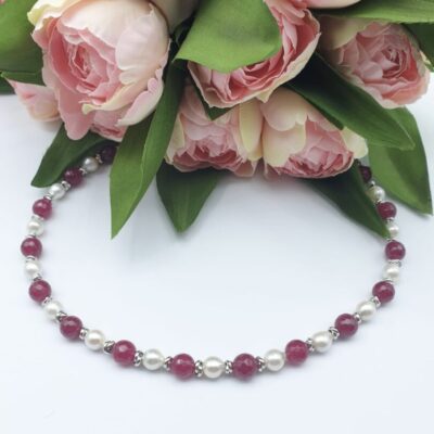 Collana Girocollo In Argento Rodiato con Quarzo Cherry e Perle d’acqua Dolce